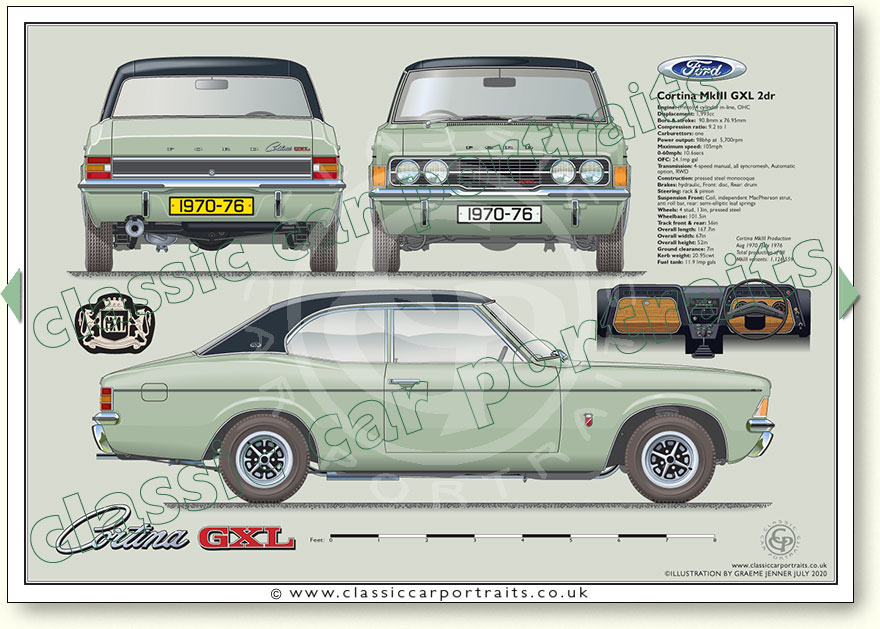 Ford Cortina Mk3 GLX 2000 2dr197076 classic sports car portrait print